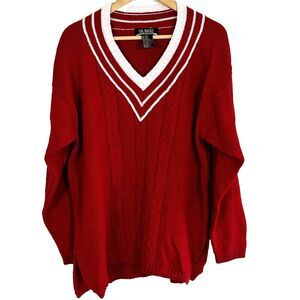 Vintage SK Wear Sweater Size Large V-Neck Tennis Preppy Academia Red Ramie
